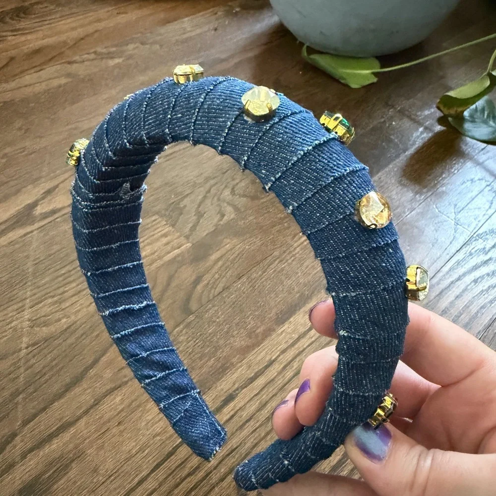 Denim Jewel Embellished Padded Headband - Blue - Picture 2 of 5